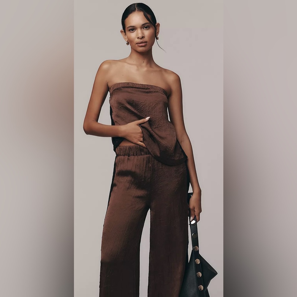 Anthropologie Chocolate Satin Strapless Top with Lace Detail - Picture 3 of 5